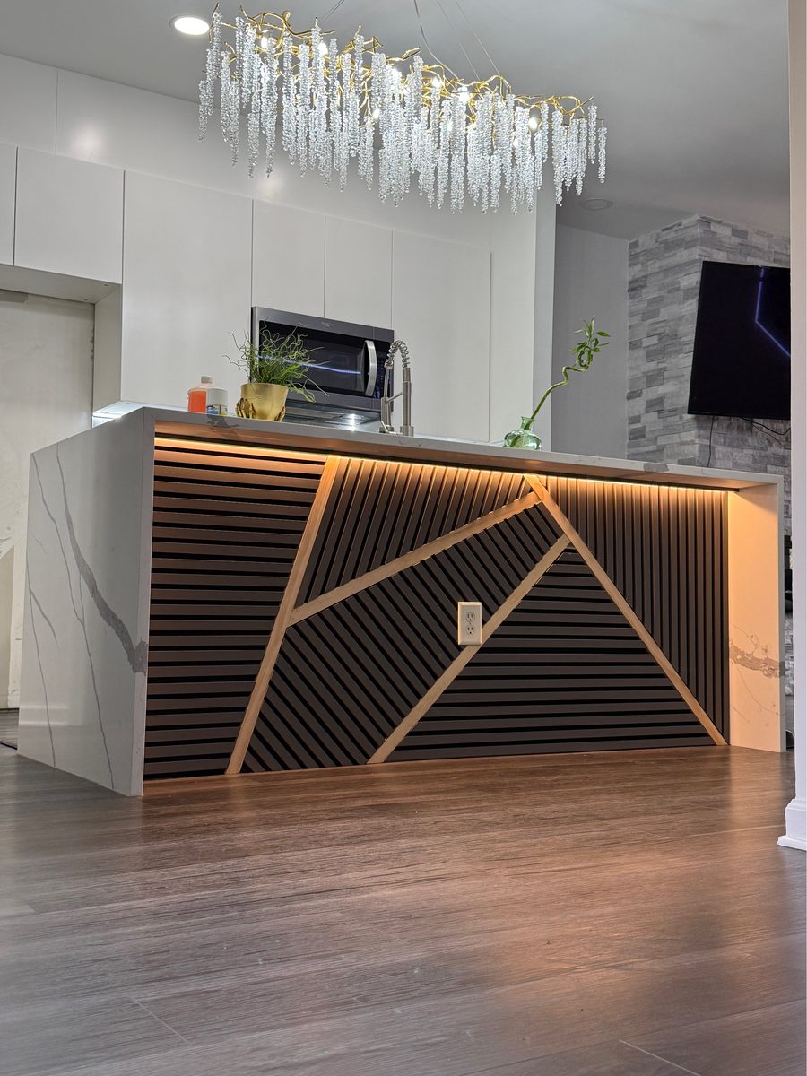 Modern Lounge — Hexagon Lighting & Marble Wall