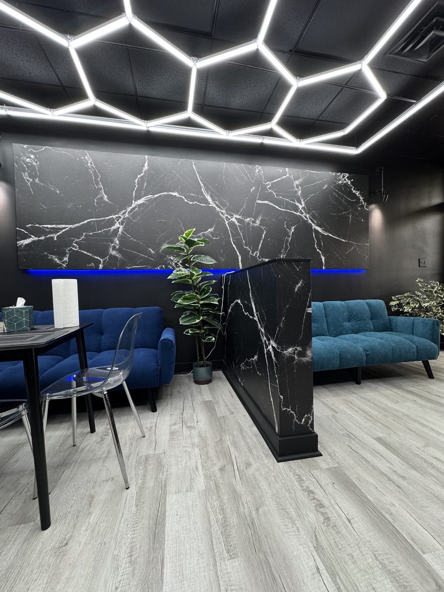 Premium Studio Lounge — Marble & LED Ceiling