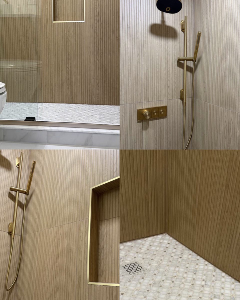 Spa Bathroom — Wood Panel & Gold Fixtures