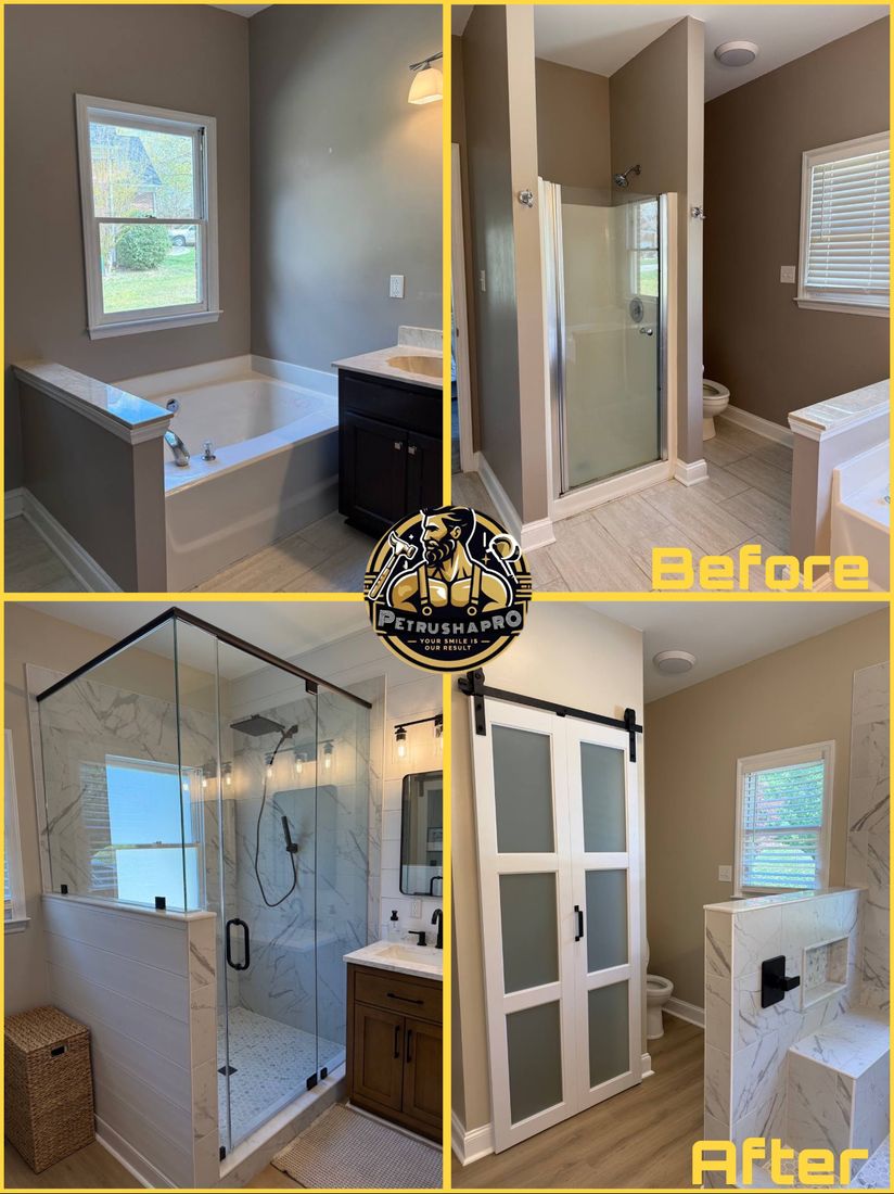 Bathroom — Barn Door & Marble Shower